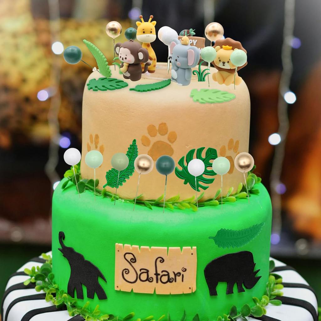 Safari Animal Cake Topper - Jungle Wild Cake Toppers with Monkey Lion Elephant Giraffe and Leaves Balls Cake Decorations