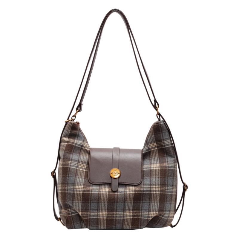 Autumn Woolen Plaid Large-capacity Bag Women's 2025 New Retro Tote Bag Versatile Casual Backpack