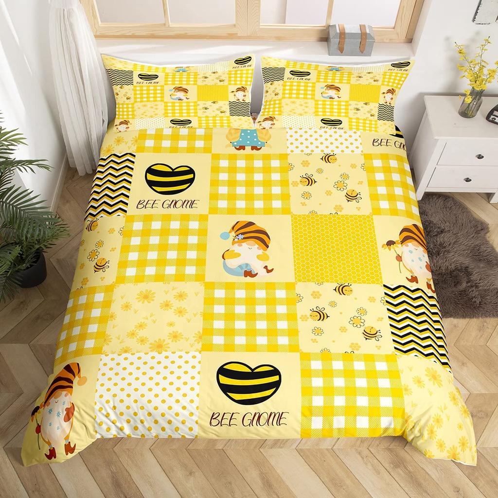 Bettbezug mit Cartoon-Gnom und Sonnenblume, King- und Queen-Size-Bettwäscheset mit schönen Zwergblumen, Bettbezug mit gelbem Blumenmuster und 2 Kissenbezügen