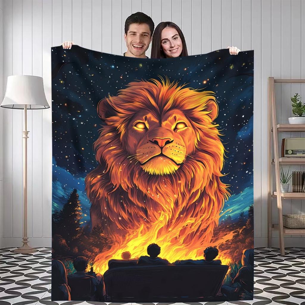 1pc Lion campfire party Digital Printed Design Pattern Blanket, All-Season Soft and Warm Throw, Ideal for Home Bedroom, School
