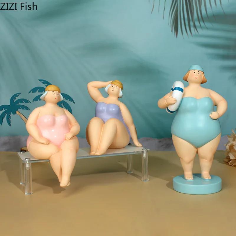 Beach Swimsuit Women Figures Statue Desk Decoration Ornaments Creative Plump Character Resins Sculpture Room Aesthetic Decor