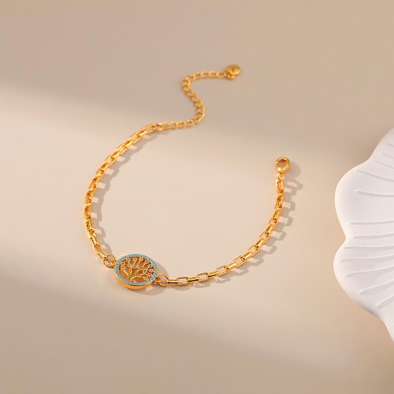 Tree Of Life Inlaid Turquoise 18k Gold Plated Copper Fashion Chain Bracelet For Women