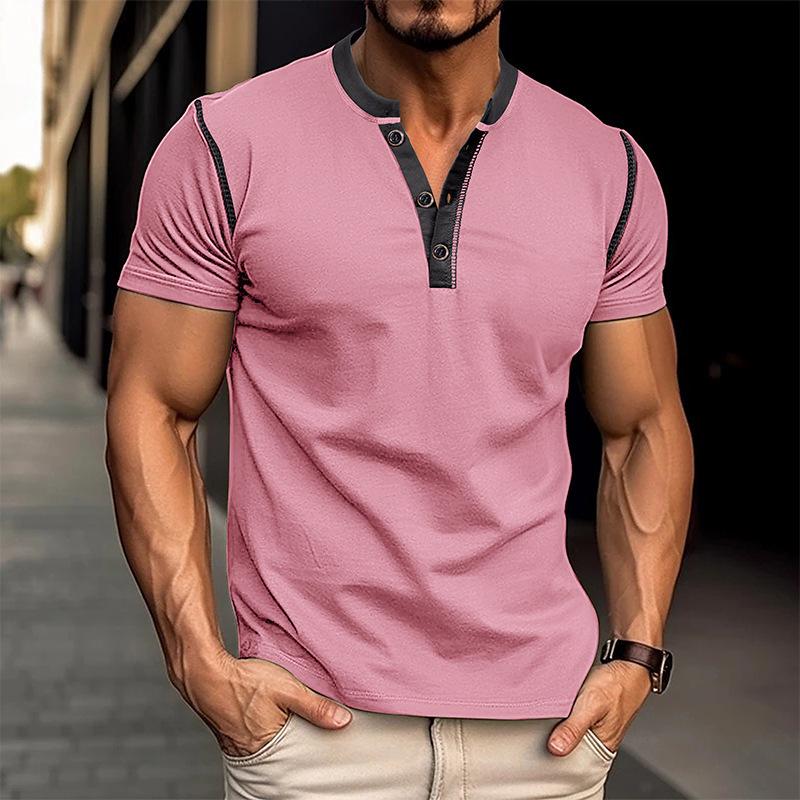 

2024 Summer Color Block Men s Short Sleeve Henley T-shirt L розовый