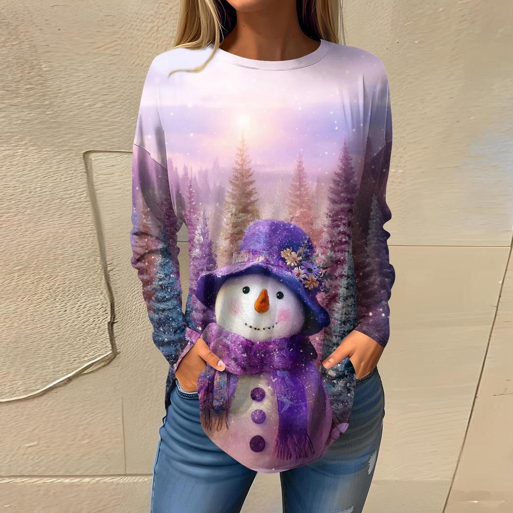 Tee Shirts For Women Casual Round Neck Long Sleeve Shirts Christmas Printing Top Pullover