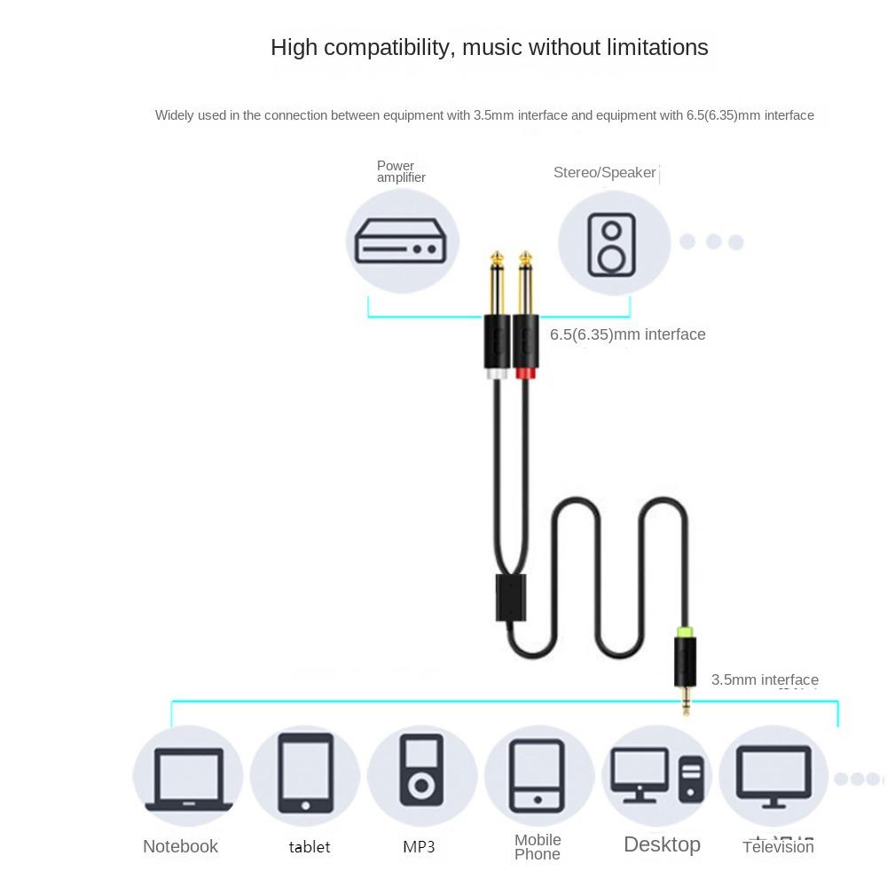 2 In 1 3.5mm To Dual 6.5mm Audio Cable Dual Channel Mixing Console Sound Cable  For Laptop PC Phone
