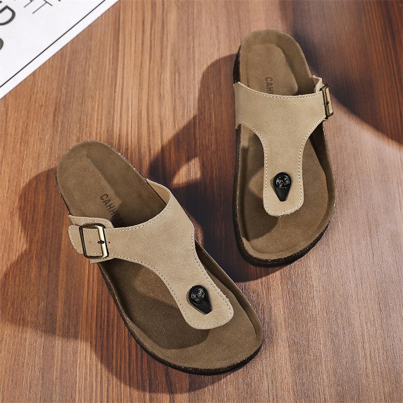 Leather Upper Cork TPR Soft Sole Men's Flip Flops Adjustable Buckle Slip On Flat Slippers with Arch Support Outdoor Beach Slides
