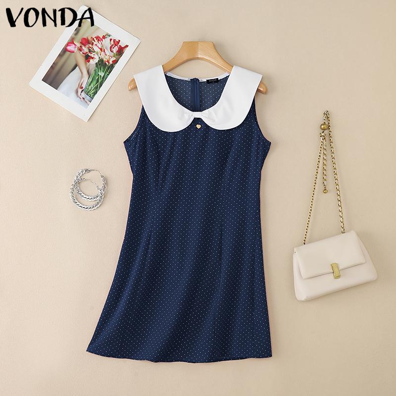 

VONDA Элегантное женское платье А-силуэта без рукавов с кукольным воротником и принтом в горошек для повседневной носки 5XL темно-синий