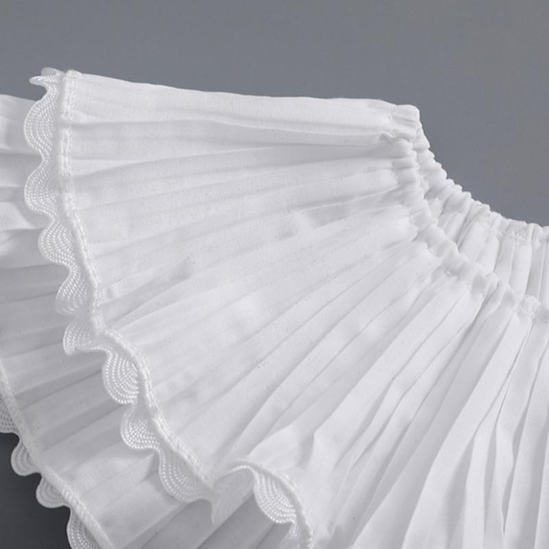 Korean Style Women Double Layer Pleated False Collar Shawl Scalloped Lace Trim White Half Shirt Lace-Up Poncho Capelet