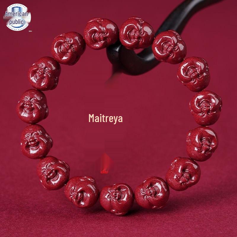 

Cinnabar Buddha Head Bracelet with Purple Gold Sand - Good Luck Maitreya Jewelry Gift for Women Low Cinnabar Content