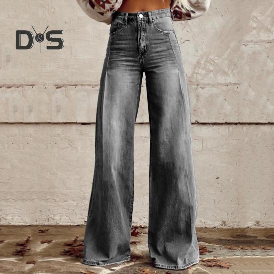 Pantalon large taille haute pour femme, imprimé 3D, décontracté, avec poches, fermeture éclair et boutons, en denim