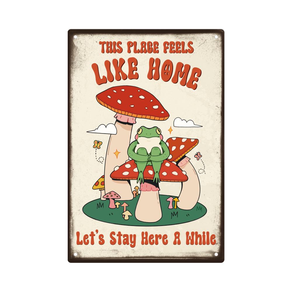 

Vintage Metal Tin Sign - This Place Feels Like Home Wall Art, Rustic Mushroom & Frog Design, Ideal for Home, Club, Sign Decor 20x30cm（7.8x11.8inch）