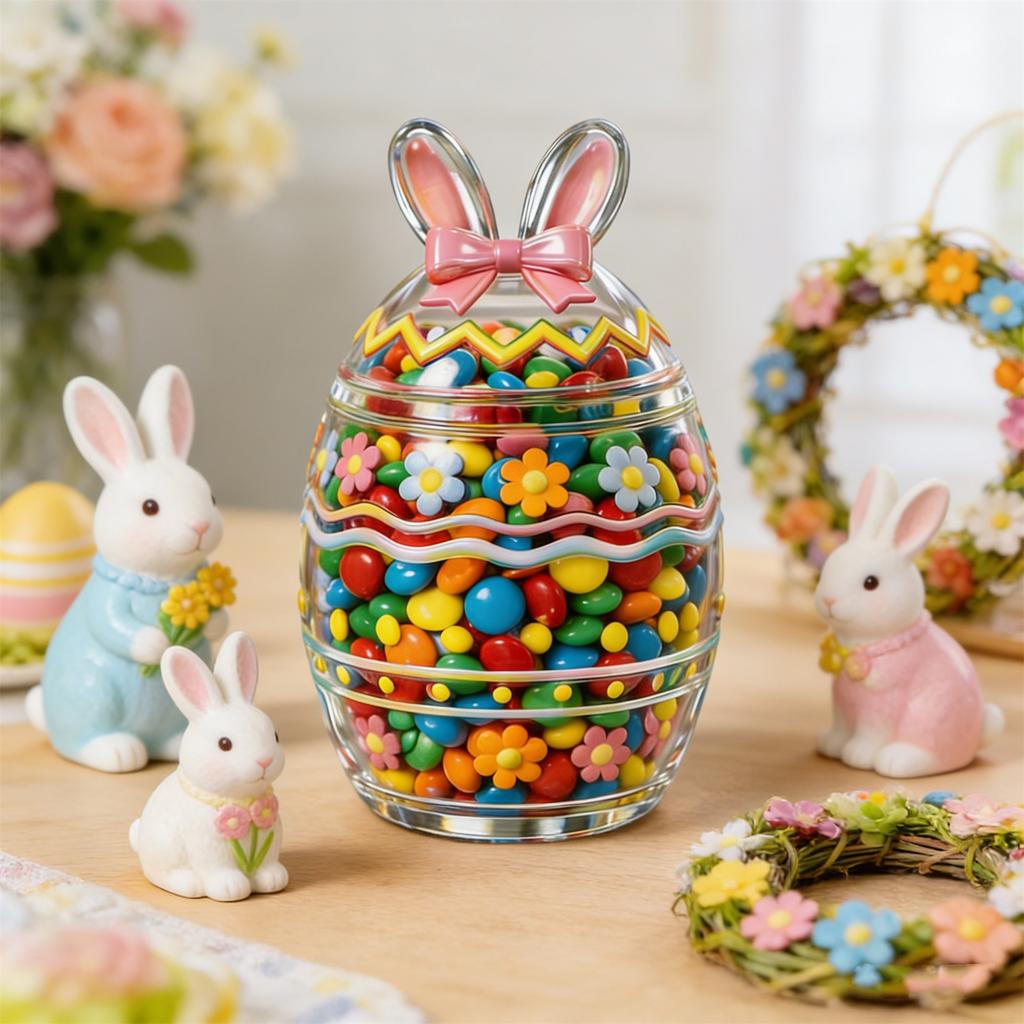 Glass Decorative Jar with Bunny Ears Lid Floral Pattern Egg Shaped Container for Home Seasonal Display Storage