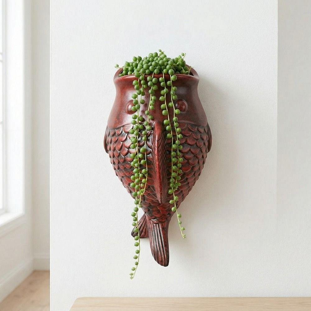 Adornos de Peces Estilo Rústico Macetero de Pared sin Taladro Cerámica Floral Decorativa Única Exterior