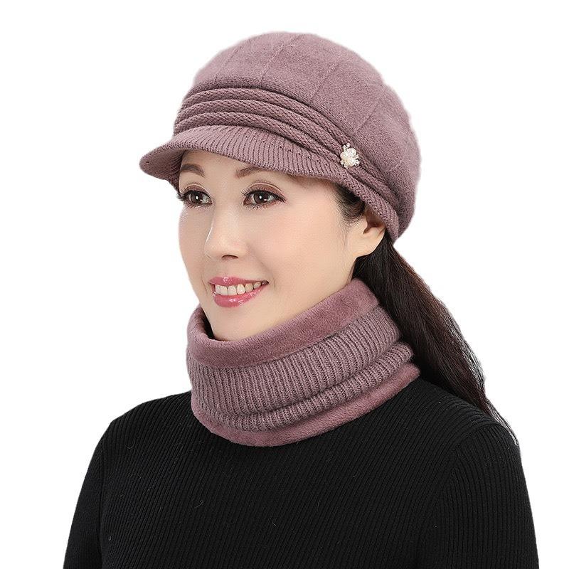 Winter Hat Female Middle-Aged And Elderly Rabbit Fur Piled Thick Mother Warm Ear Protection Knitted Beret Octagonal Hat