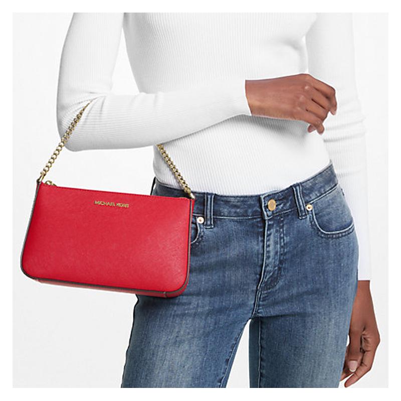 Michael Kors Jet Set Letter Logo Chain Zipper Closure Leather Envelope Bag Shoulder Crossbody Bag Medium Women's Red