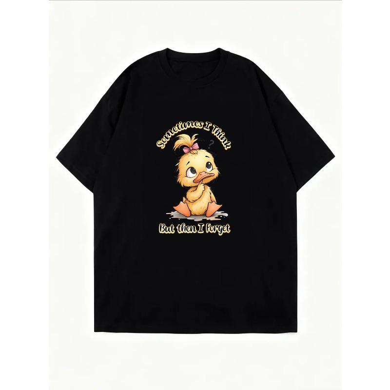 Cute Duck Print T-Shirt White Cartoon Duck With Text Sometimes I Think But Then I Forget Casual Summer Top For Women