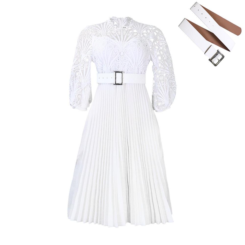 Women's Mock Neck Three Quarter Sleeve Midi Dress Loose Fit High Waist Elegant Hollow Lace Pleated A Line Dress Party Formal Dress