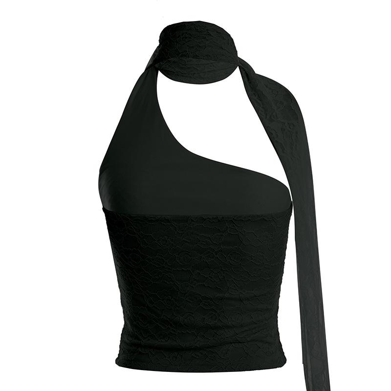 One-Shoulder Lace Patchwork Turtleneck Top - Stylish & Sexy Women s Vest Small