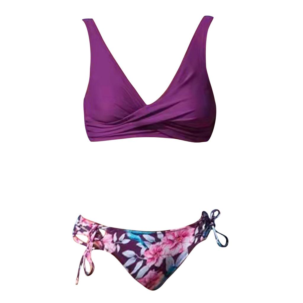 Two Piece Bikini Swimsuit for Women Floral Print High Waist Bottoms Sleeveless Crop Top Swimwear Set with Adjustable Ties