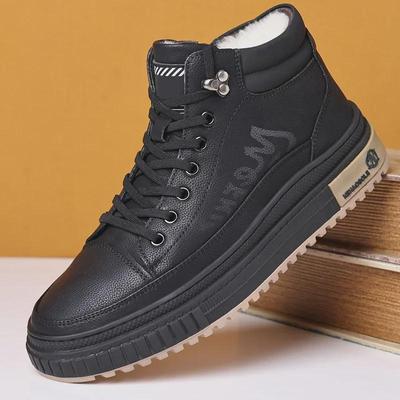 Men's High-Top Cotton Warm Leather Shoes, Casual Winter Fur Boots, Thick Non-Slip Velvet Snow Boots