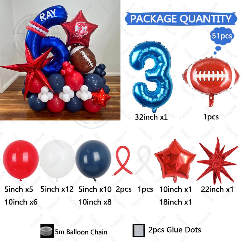 51Pcs Rugby Balloons 32inch Blue 1-9 Number Rugby Foil Balloon five-pointed star Globos Baby Shower Boy Birthday Party Decors