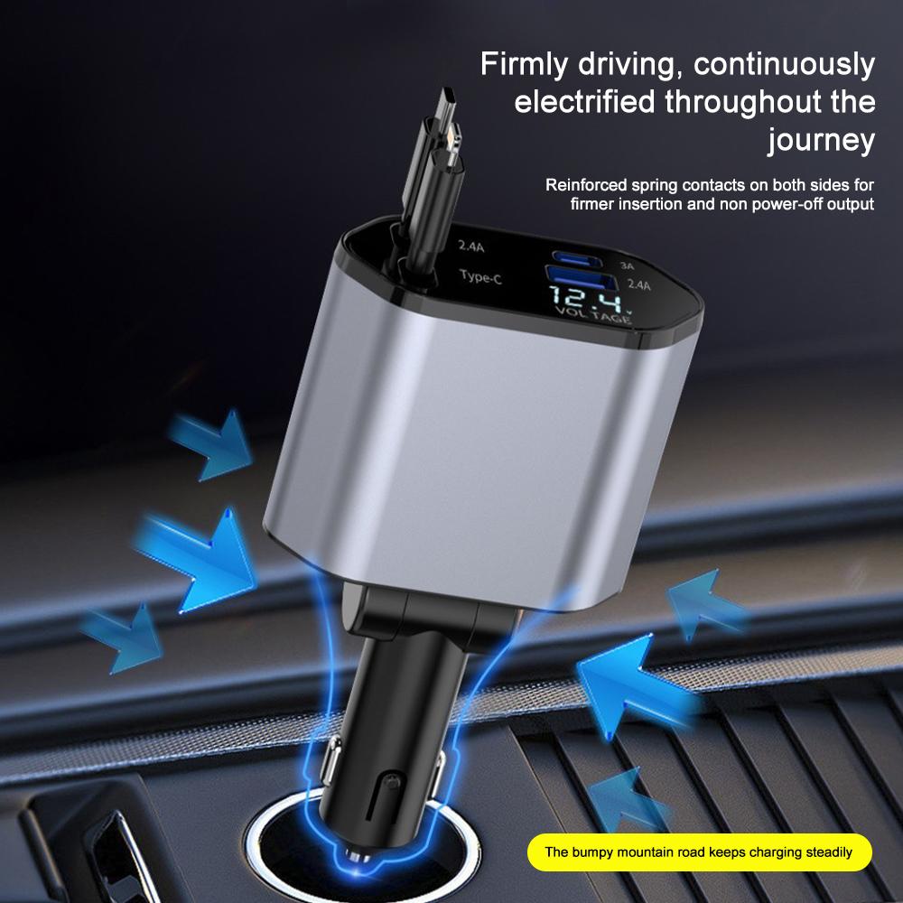 120W Car Charger USB Type C Fast Charge Adapter with Voltage Display 4 In 1 Retractable Cable Phone Car Charger for IPhone Huawei Samsung