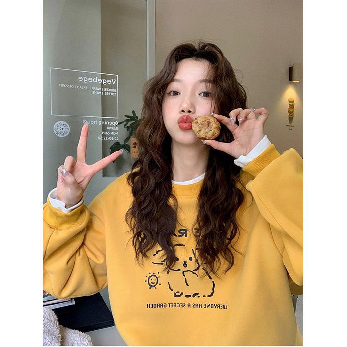Fleece cute little milk dog print crew neck versatile sweater autumn and winter casual pullover women's men's and women's trendy brand