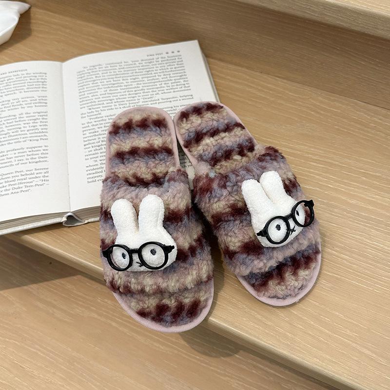 Cute cartoon bunny leopard print fluffy shoes for women's 2025 autumn and winter new models, warm and comfortable one-word cotton slippers