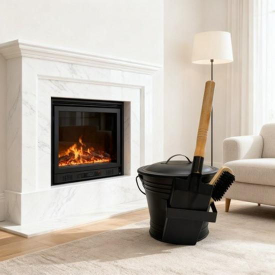 3-Piece Wrought Iron Fireplace Cleaning Set: Ash Shovel, Stiff Brush, Bucket with Custom Label Options. Small