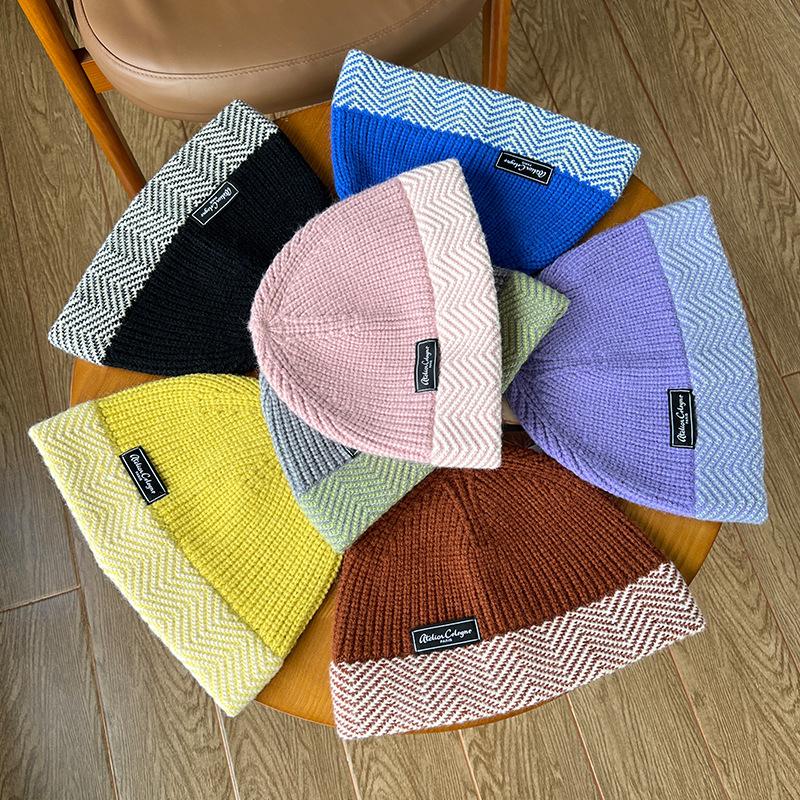 Big head circumference knitted bucket hat women's autumn and winter warm color matching versatile plain bucket hat fashionable color wool hat men