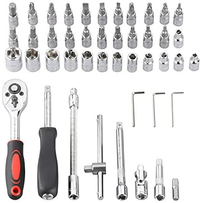 46pcs Set Car Repair Tool 1/4-inch Socket Set Car Repair Tool Ratchet Torque Wrench Combo Tools Kit Auto Repairing Tool Set