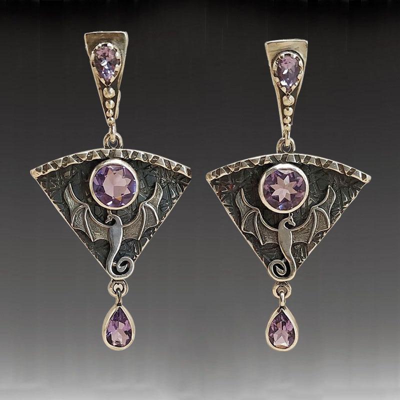 Punk Goth Dangling Earring Silver Plated Flying Dragon Inlay Purple Earrings For Women Jewelry Party Accessories