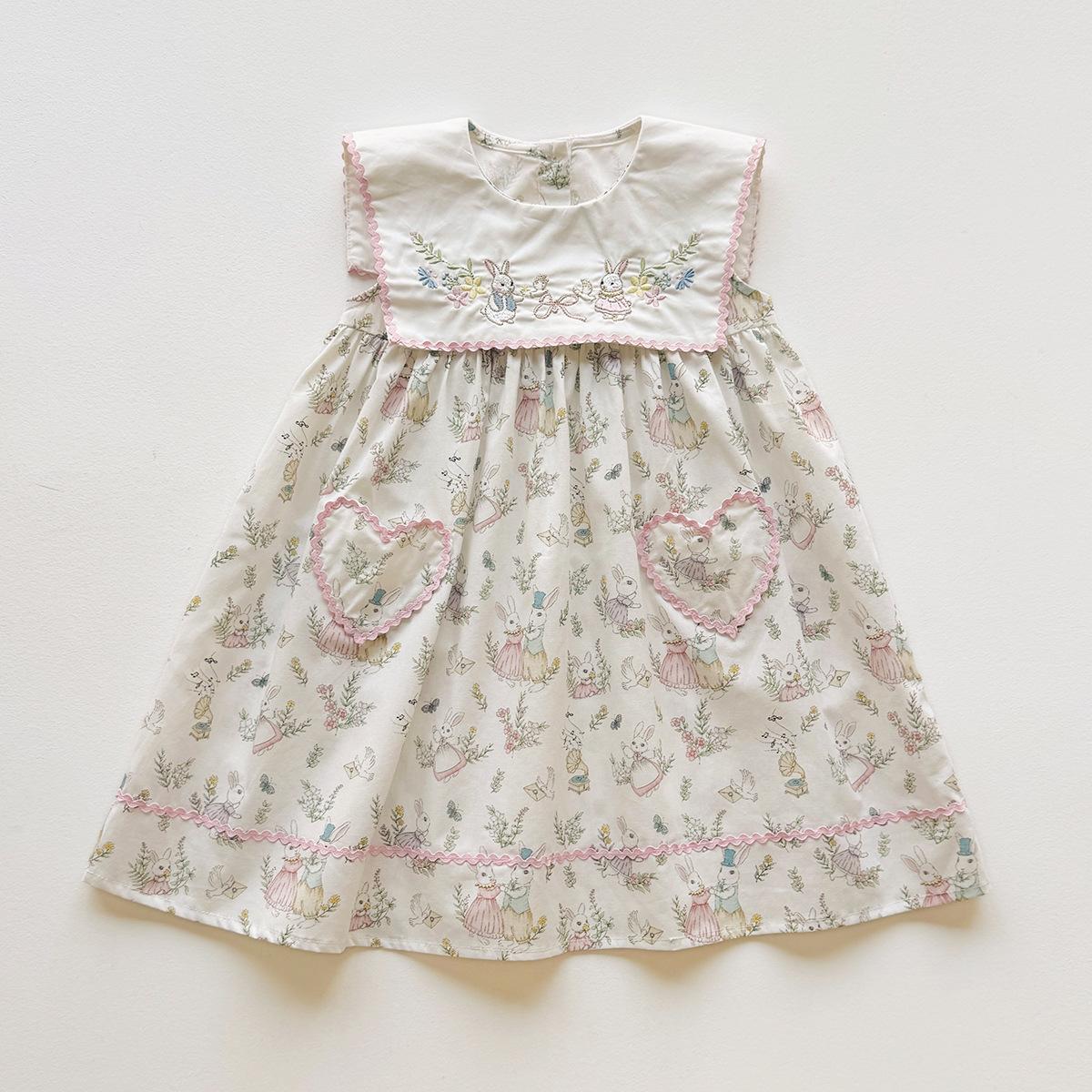 Embroidered Lapel Girls Cotton Sleeveless Dress Casual Children Kids Summer Vest Dress for Little Girls Daily Wear 90cm