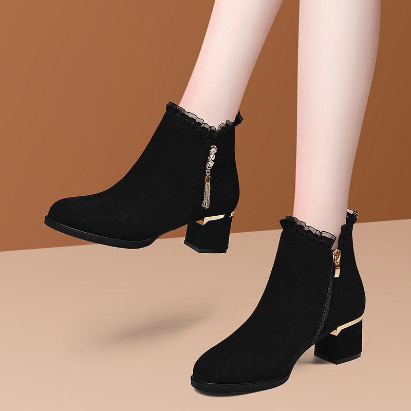 Mode Schwarz Strass Elegant mit Mittelhohen Absätzen Damen Kurze Schuhe Herbst Winter Damen Stiefeletten Ausverkauf Schicke Stiefeletten im Angebot