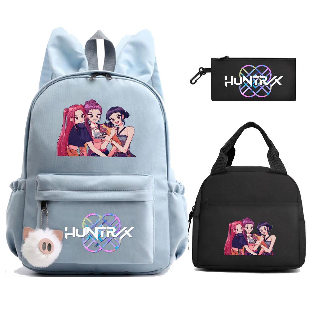 3Pcs/set K-Pop Demon Hunters Printed Backpack with Lunch Bag Pengcil Case for Teenager Girl Boy Back To School Bookbag Large Capacity Travel Bag
