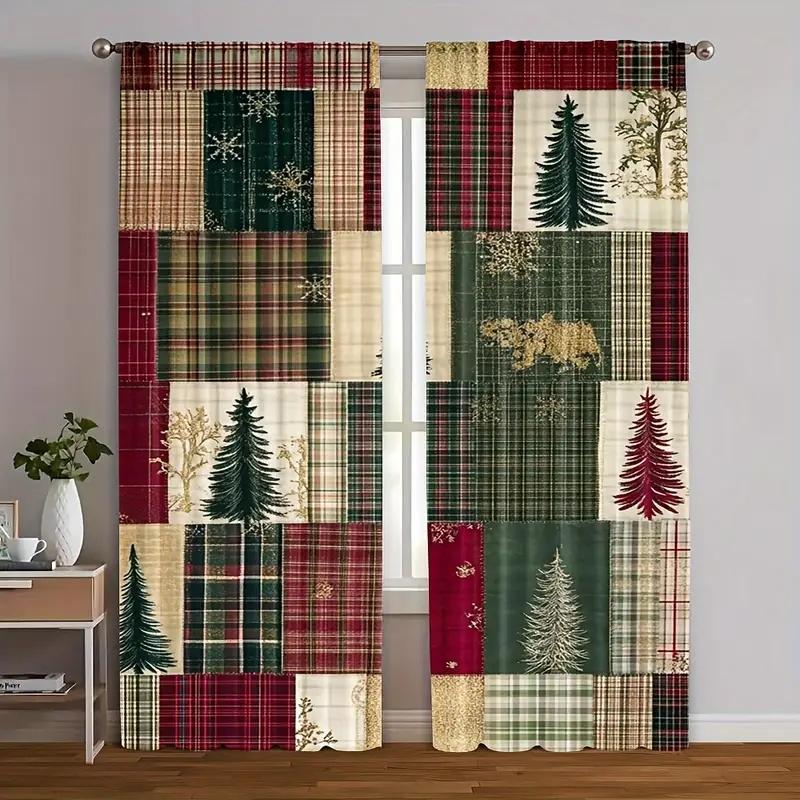

Christmas decoration-2Pcs-Christmas checkered print curtains suitable for bedroom living room home decoration window decoration 100*130 HOOK 1pcs