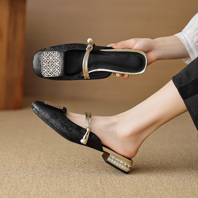 Baotou half slippers women's summer wear one word with square head thick heel cool slippers half tray
