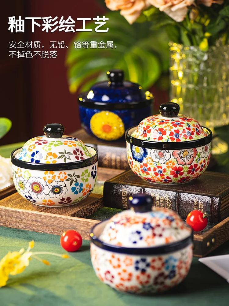 Hand-painted ceramic small stew pot Household steamed egg bowl with cover dessert bowl