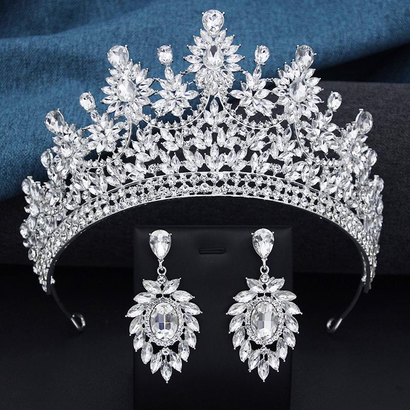 Baroque Rhinestone Bridal Large Crystal Crown and Earrings Set Wedding Headdress Party Accessories Pageant Queen Tiara Jewelry