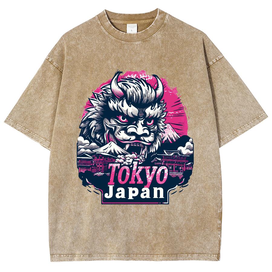 Japanese Lion Print Women Washed T-Shirt Oversized Loose Cotton Comfortable Short Sleeve Retro Chinese Distressed Top