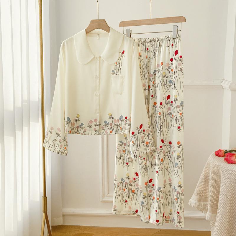 

Женский пижамный комплект из 2 предметов, весна-лето, пижамы с цветочным принтом, длинные рукава, брючные костюмы, милая свободная атласная домашняя одежда, одежда для отдыха XL бежевый