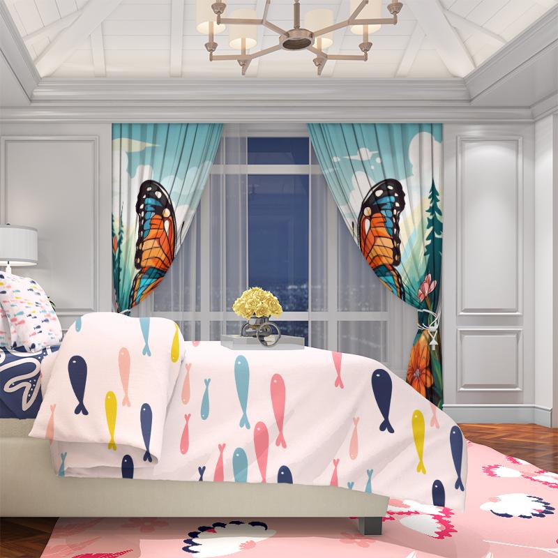 2PCS- Cartoon Butterfly - Printed curtain, 100% polyester material, suitable for bedroom curtains and living room decoration.