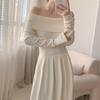Koreanisches Strickkleid mit Carmen-Ausschnitt für Damen, Herbst, neu, Patchwork, langärmelig, Mode, einfarbig, Party-Langkleid, Winter