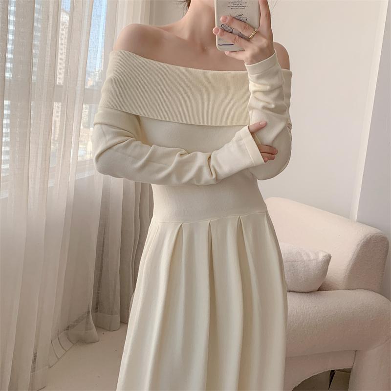Koreanisches Strickkleid mit Carmen-Ausschnitt für Damen, Herbst, neu, Patchwork, langärmelig, Mode, einfarbig, Party-Langkleid, Winter