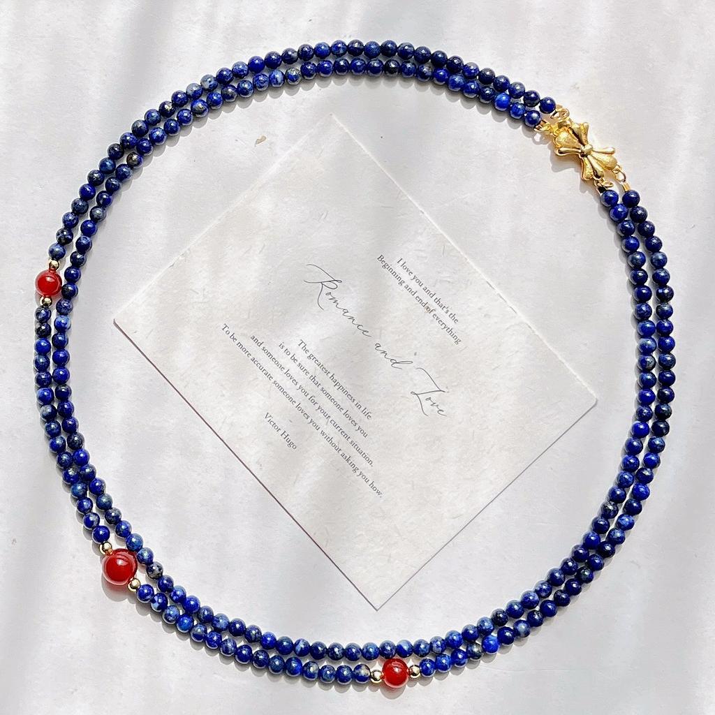 Vintage High-Quality Natural Lapis Lazuli Chalcedony Design Double-Layer Clavicle Chain Necklace