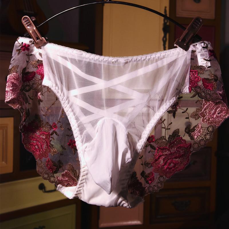 Large Size Sissy Pouch Panties Men Embroidery Lace See Through Briefs Bullet Separation Underpant Feminization Gays Lingerie