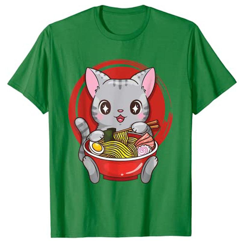 Official Teenager RaUnisex Cat Anime Kawaii Neko Japanese Girls TShirt Harajuku Clothes Y2k Kitten Eating Noodles Novelty Cute Tee S
