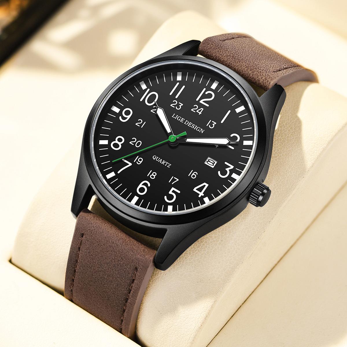 

LIGE Top Brand Luxury Men Quartz Watch Nylon Leather Waterproof Luminous Date Sports Military Watches For Men Relogios Masculino Black Leather