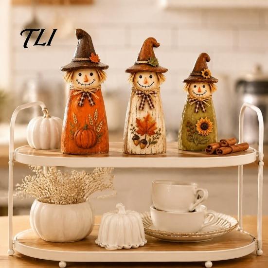 Autumn Tiered Tray Decor Vintage Resin Scarecrow Figurines, Fall Harvest Pumpkin Sunflower Maple Halloween Tabletop Ornaments Leaf Decor, Thanksgiving
