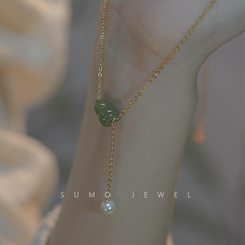 

Fortune*Hetian jade pearl necklace, summer collarbone chain, niche style, gift for girlfriend, Chinese style design necklace, trendy Necklace（37+4）cm